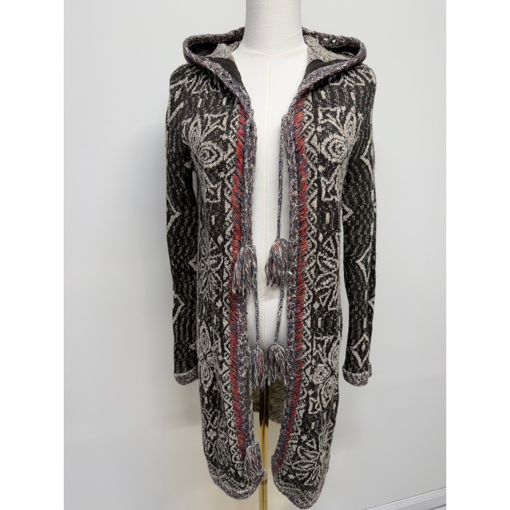 Free People Kai Tassel Hooded Cardigan Black Gray Geometric Boho Small